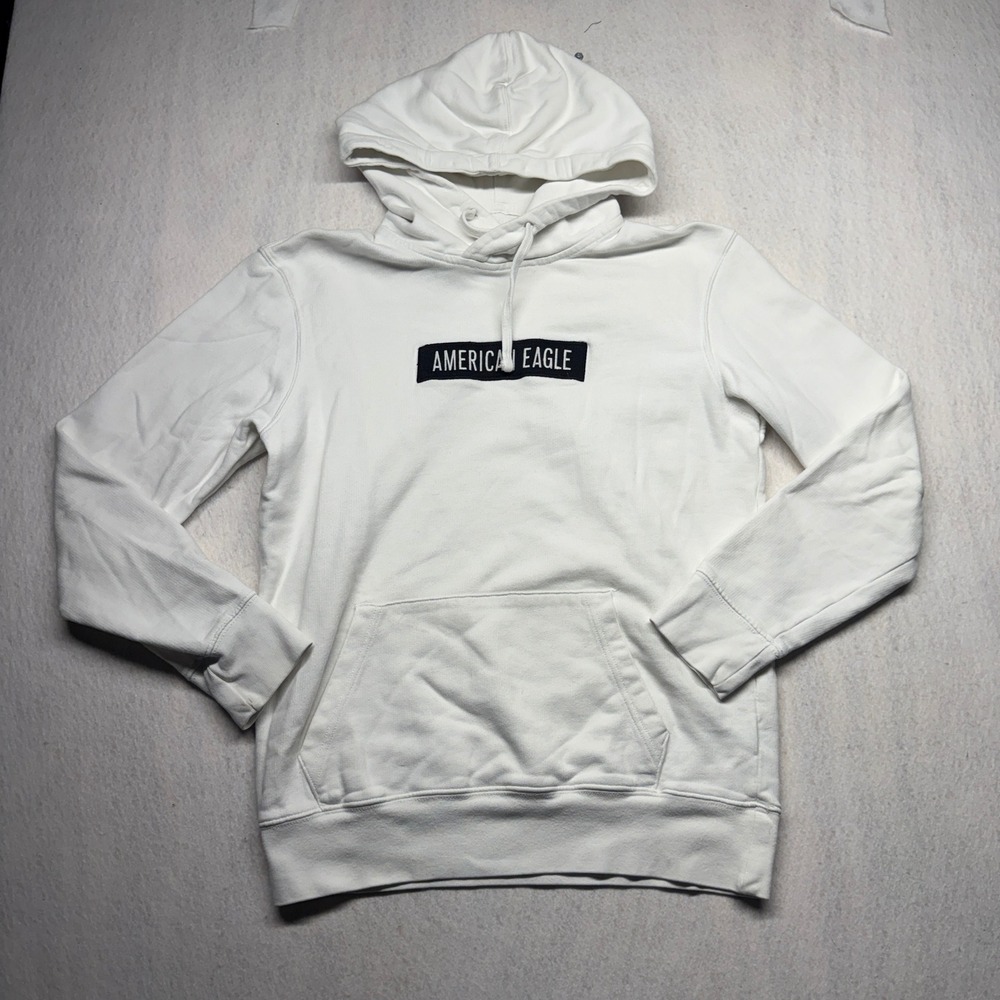 American Eagle Mens White Box Logo Hoodie Pullover Sweatshirt Size XSmall